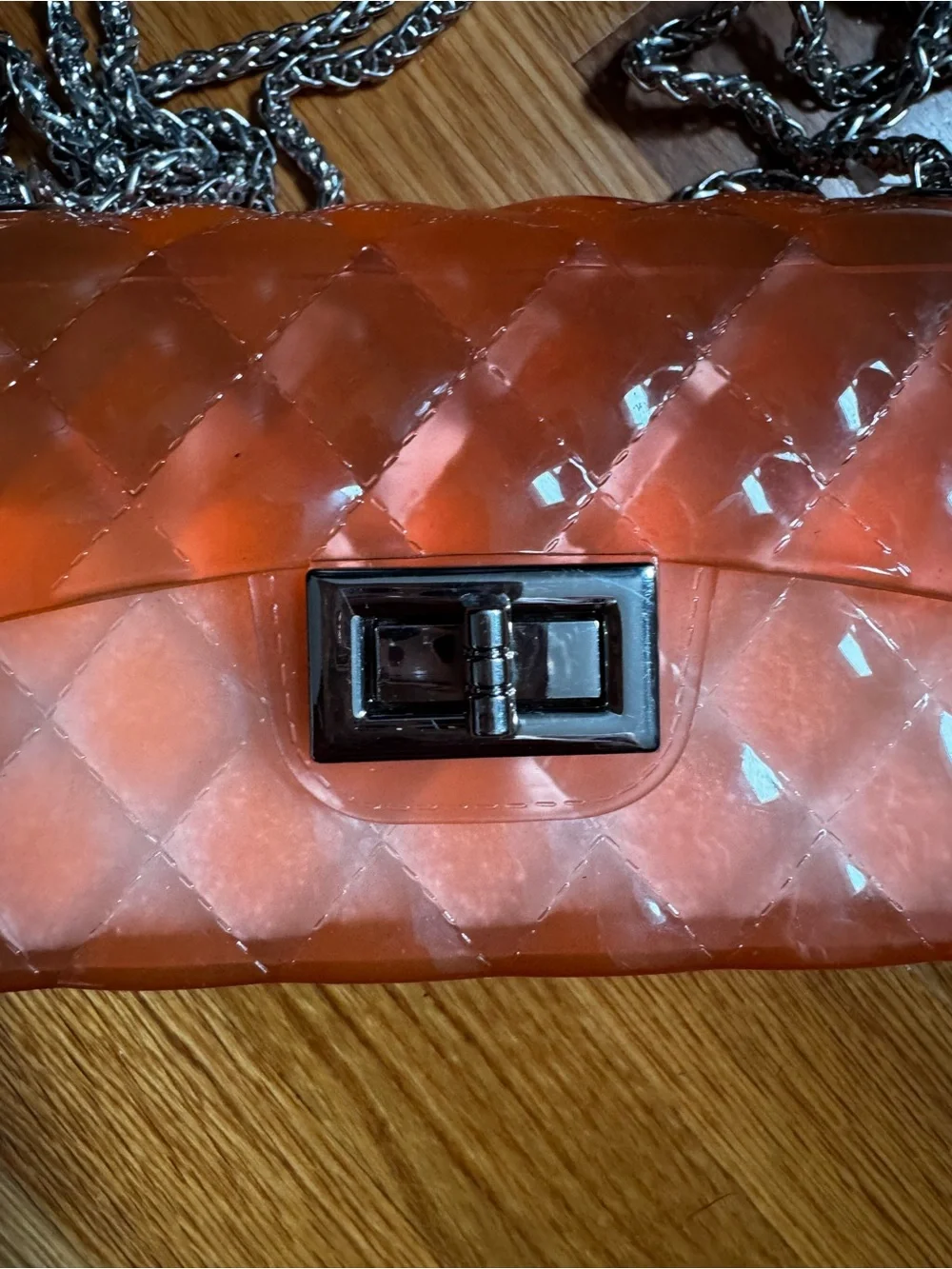Orange Quilted Jelly Crossbody Bag with Silver Chain